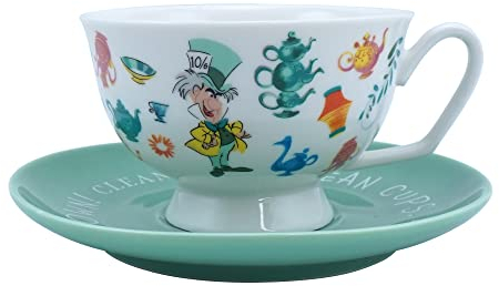 Disney Juego de taza y platillo de Alicia en el país de las maravillas, apto para lavavajillas, juego de taza y platillo, regalos de Alicia en el país de las maravillas