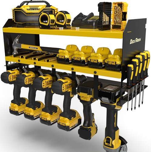 Toolganize Garage Power Tool Organiser, Wall-Mounted Storage Rack & Charging Station, Heavy-Duty for Workshop & Garage Tools, Large 6-Pack Size, Yellow.