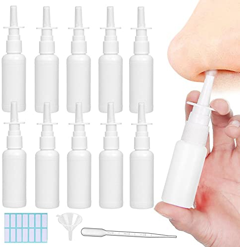 SKYPRO Nachfüllbare Nasensprühflaschen mit Pipette, Trichter und Etiketten, 50 ml, weiß, Kunststoff, vielseitig einsetzbar, Zerstäuber, Make-up, Wasserbehälter für Reisen und Außenbereich, 10 Stück