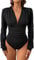 GORGLITTER Women's Plunging Deep V Neck Ruched Leotard Bodysuit Long Sleeve Slim Fit T Shirt Blouse Tops Black Tall S