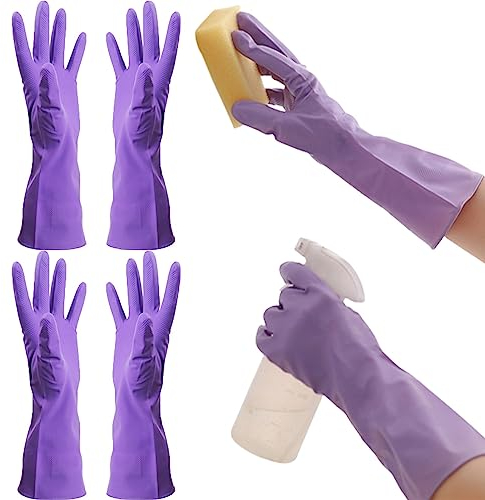 FCSHFC 3 Pairs Non-Slip Rubber Gloves Reusable Cleaning Gloves, Dishwashing Gloves Kitchen Washing Up Gloves for Household (Color : Purple, Size : L)
