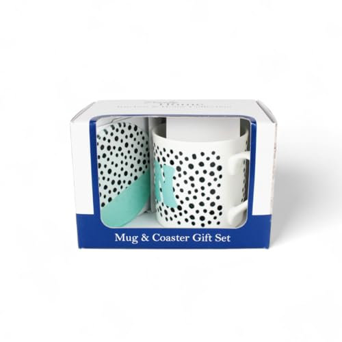 Spotty Letter N Mug & Coaster Gift Set - Polka Dots Alphabet Initials Bone China Mug and Glass Coaster Set - Tea/Coffee Present