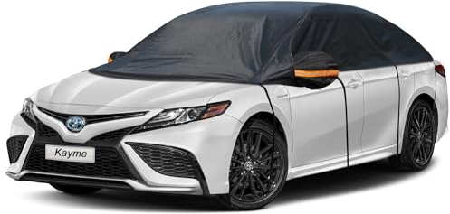 kayme Bâche de Protection Mi-couvrante pour Automobiles, Demi Bâche Voiture Housse de Protection Auto, Extérieur Contre Pluie Soleil Poussière pour Berline Jusqu'à 530 cm, 3XL Noir