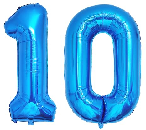 Ponmoo Foil Globo Número 10 Azul 40 (101cm), Inflable Helio o aire, Gigante Numeros 0-9, 10-19, 20-29, 30-100, Grande Globos Decoración para La Boda Aniversario y Cumpleaños Fiestas