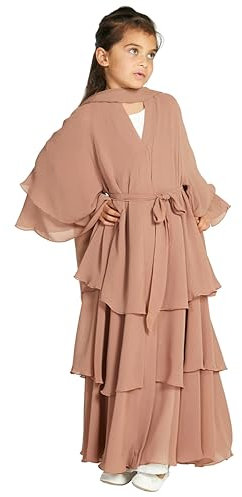 M?dchen Kleid Muslimisches Chiffon Gebetskleid Gebetskleidung f?r Kinder Abaya Einfarbig Vorne Offen Strickjacke Islamischer Naher Osten Dubai T?rkei Maxi Kaftan Kleider mit Hijab Kamel 7-8 Jahre