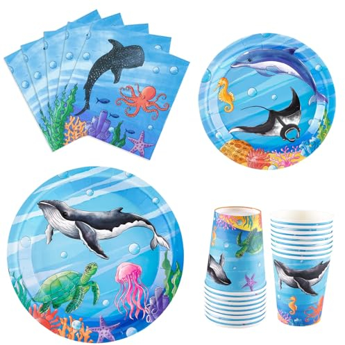 WERNNSAI Ensemble de vaisselle de fête océan - 64 pièces - Assiettes de fête sous-marines avec motif d'animaux marins - Serviettes de table - Gobelets - Décoration d'anniversaire - Cadeaux de fête