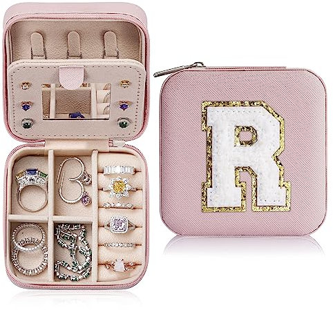 TINGN Klein Schmuckschatulle Mädchen, Reise Buchstaben Schmuckschatulle Mädchen | Klein Schmuck Organizer Box | Reise Schmuckkästchen Mädchen | Klein Reise Schmuckschatulle Buchstaben R Rosa