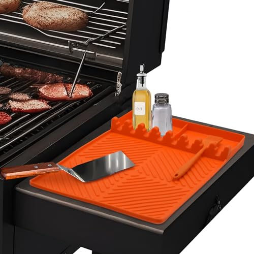 Yiomxhi Estera para Barbacoa Mesas Laterales, Alfombrilla de Espátula de Silicona, Soporte para Utensilios de Parrilla, Estera de Drenaje para Cocina, Estufa y Encimera, Naranja