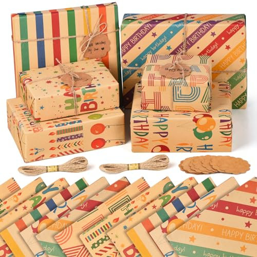 12 x Birthday Wrapping Paper Sheets - Recycled Kraft Birthday Gift Wrap Set with Tags Strings for Female Women Men Girls Boys Kids