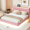 FEZTOY Polsterbett 160 x 200 cm, Bett Schwebebettrahmen mit LED-Leuchten und 2 USB Anschlüsse, Doppelbett, Gästebett in hautfreundlichem Leinen, Ohne Matratze(160x200, Rosa)