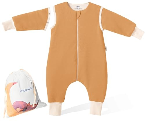 Mababu Ganzjahres Baby Schlafsack mit Füßen & abnehmbaren Ärmeln - 1.5 TOG - 100% GOTS Bio-Baumwolle - Ganzjähriger Kinderschlafsack mit Füßen- umklappbare Bündchen - Karamell, 80cm