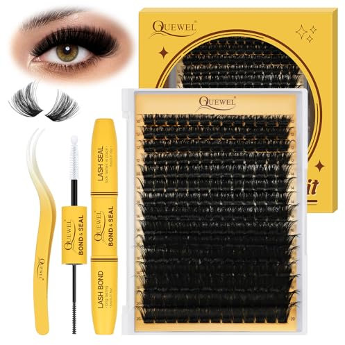 QUEWEL DIY Wimpern Extensions 195 STK, Lash Extension Set gemischtes 10-20mm Wimpern Set mit Wimpernkleber und Seal Wasserfest, Wimpern Pinzette und Wimpern Bürste zu Hause verwenden (Dense02-KIT)