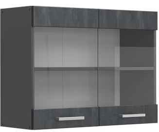 Vicco Küchenglasschrank R-Line, Glashängeschrank, Schwarz Beton/Anthrazit, 80 cm