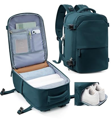 kibachev Zaino da Viaggio 40X20x25 Ryanair, Aereo Bagaglio a Mano con Portascarpe 40x30x20, Capiente Borsa Porta Pc Impermeabile Donna/Uomo, Zaino Business Multitasche (Blu Pavone)