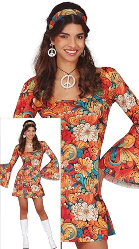 FIESTAS GUIRCA Costume Flower Power Donna - Vestito Hippie Breve anni 70 con stampa floreale e fascia hippie - Costumi da discoteca anni '60 per donna