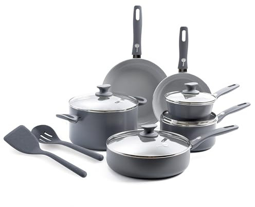 GreenPan Dover Healthy Ceramic Nonstick, 12 Piece Cookware Pots and Pans Set, PFAS-Free, Dishwasher Safe, Comfort Grip Handle, Gray