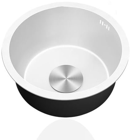 Lavandino Cucina Piccolo,Lavello Cucina 1 Vasca Bianco,Lavabo Cucina In Acciaio Inox,Lavabo Tondo con Set Di Drenaggio,Installazione Appoggio o Sottopiano (Ø 36cm)