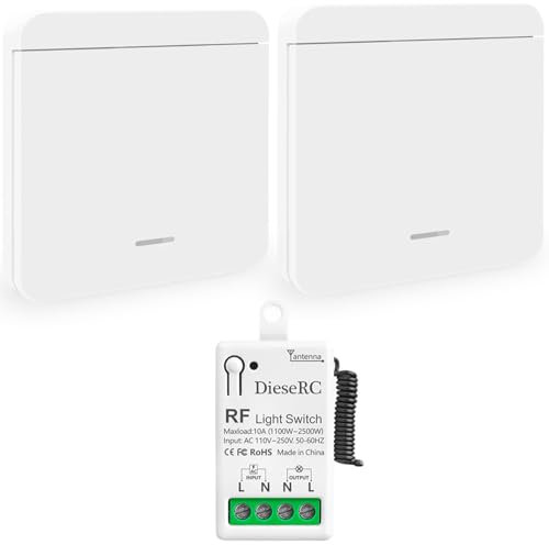 DieseRC Interruttore per Luci Senza Fili, Interruttore Trasmettitore RF per Pannello da Parete 86 e Controller Ricevitore Relè di 10 A, per Luci Fino a 1500 W