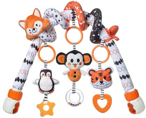 TUMAMA 2-in-1 Spielbogen Mit Baby Kinderwagen, Fuchs Spirale Spielzeug ab 0 3 6 9 Monate, Activity Spirale Babyspielzeug für Autositz, Plüschtier Auto Hängespielzeug Baby Rücksitz Mit Rasseln Beißring