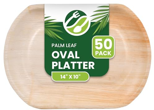 Eco Leaf Pack of 50-14 x 10 Large Round Oval Disposable Palm Leaf Platters - Biodegradable, Compostable, Eco-Friendly Serving Plates for Charcuterie, Appetizers, Weddings, Hot Food