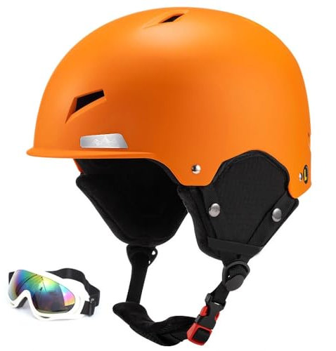 Skihelm mit Schutzbrille Set, Einstellbarer Vent Sporthelm mit Schutzbrille, Snowboard Skifahren Winddicht, Geeignet für männliche und weibliche Teenager Skihelme(B Dark orange,XL(59-63CM))