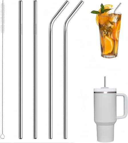 SHSHbuy - Pajitas de acero inoxidable, 4 piezas, pajitas metálicas reutilizables, con 1 cepillo de limpieza, pajita metálica para cócteles, leche helada, té batidos de café helado (31 cm)
