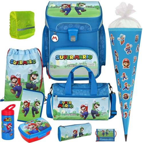 Pridera Scooli Schulranzen Jungen 1.Klasse EasyFit (11tlg. Set mit Sporttasche Schultüte Brotdose Trinkflasche Brustbeutel, Regenhülle gratis, Super Mario)