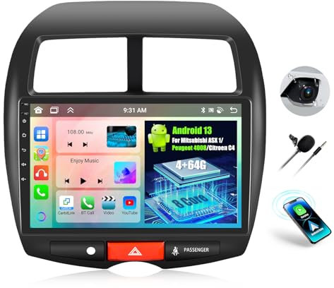 OiLiehu 4+64GB 8 Núcleos Android 13 2 DIN CarPlay Android Auto para Mitsubishi ASX 1/Peugeot 4008/Citroën C4 Pantalla de 10,1 Pulgadas con Bluetooth GPS FM Radio RDS WiFi DSP/EQ