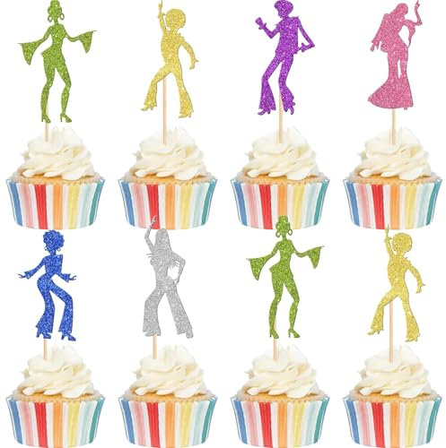 24 Stück 70's Disco Tortendeko Glitzer 70s Disco Dancing Cupcake Toppers Musik Thema Kuchen Deko für Disco Tänzer Thema Hochzeit Geburtstag Party Kuchen Dekorationen Buntes