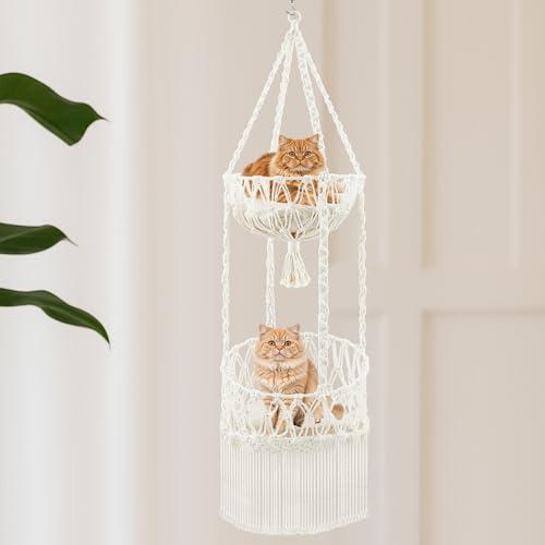 DoubleFill Double Deck Macrame Cat Hammock with Cushion Boho Hanging Bed Swing Cat Tree Door Hanger for Playing Sleeping Climbing and Lounging
