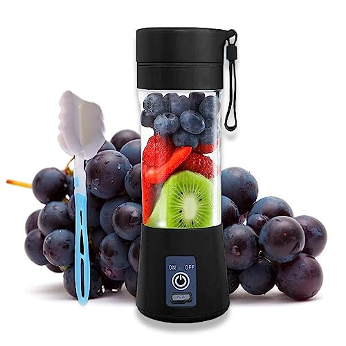 Portable Blender Black - Smoothie Maker - Mini Personal Blender - Fruit Mixer - Milkshakes Ice Maker - Travel Handheld Blenders for Soft Fruit - USB Rechargeable 2000 mAh 380 ml 6 Blades
