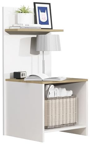 VCM Nachtschrank | Beistelltisch mit viel Stauraum | hoher Nachttisch | H. 91 x B. 45 x T. 40 cm | Nachkästchen mit Ablage aus Holz - Malisa Weiß/Honig-Eiche