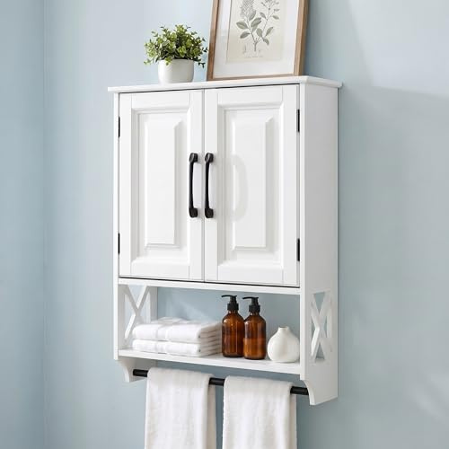elnure Bathroom Wall Cabinet, 63.5cm Farmhouse Wall Mounted Medicine Cabinet with 2 Raised Panel Doors, Adjustable Shelf & Towel Bar – Over Toilet Storage Organiser for Laundry Room
