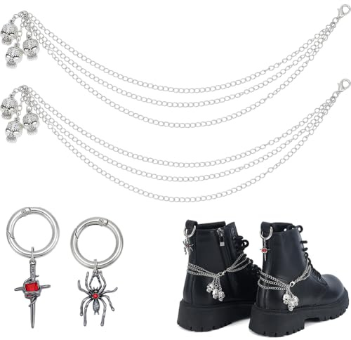 BEAMARKER 4 Stück 3 Stile Gothic Schuhanhängerketten Totenkopf Stiefelketten Mit Spinnen Und Kreuz Strassanhängern Punk Gothic Halloween Stiefelzubehör Abnehmbare Bling Schuhdekorationen Für Heimwerk