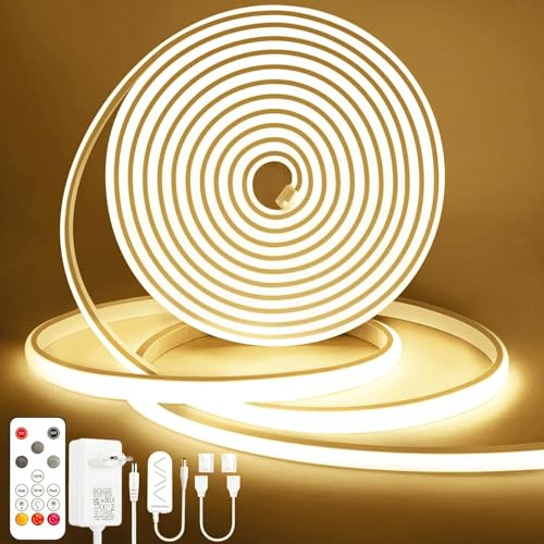 Lamomo COB LED Streifen 10m, Naturweiß Dimmbar Leiste mit Fernbedienung,24V | Selbstklebende Neon Strip, Wasserdicht Flexibel Silikon, Schnellverbindung, 4000K, 10mm Breit für Schlafzimmer,Küche,CRI 90+