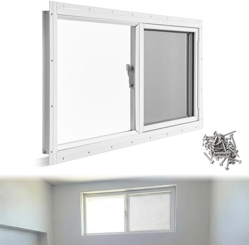 Kathfly Kellerfenster 81,3 x 35,6 cm, Mini-Kellerfenster, Ersatz mit Glasblock-Sieb und Schrauben für Schuppen, Scheunen, 1 Packung