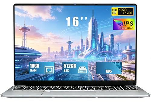 FUNYET Nuovo PC Portatile 16 Pollici Celeron N95 upto 3,4 GHz Laptop Win 11 Pro 16 GB RAM 512 GB SSD Notebook丨5G WIFI丨IPS FHD 1920 * 1200丨USB 3.0丨BT 5.0丨HDMI丨Tastiera Retroilluminata丨Apertura a 180°