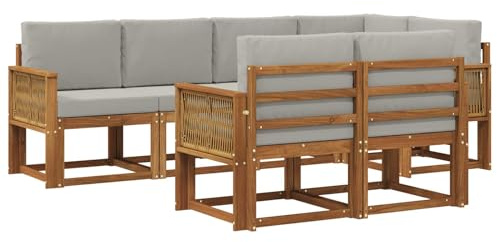 vidaXL Outdoor-Sofagarnitur 7 pcs Natürlich und Hellgrau Polyester, Stylisches Outdoor-Sofa-Set, Moderne Gartenmöbel, wetterfestes Akazienholz, modulares Sitzen für Terrasse und Lounge