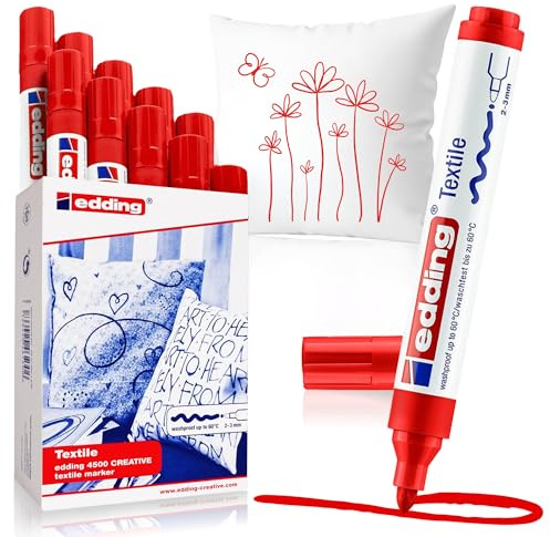 edding 4500 textile marker - red - box of 10 - round nib 2-3 mm - permanent fabric markers for drawing on textiles, wash-resistant up to 60 °C - marker pens for fabric lettering