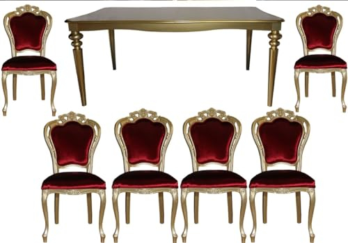 Casa Padrino Barock Luxus Esszimmer Set Bordeaux/Gold - Esstisch + 6 Stühle - Möbel Antik Stil - Luxus Qualität - Limited Edition
