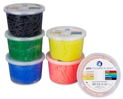 AFH TheraPIE Knete® | 454 g | Therapieknete | 6ER-SPAR-SET mit verschiedenen Widerständen (beige | gelb | rot | grün | blau und schwarz)) inkl. Gratis AFH Knetfibel