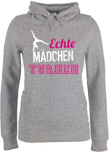 Pullover Damen Hoodie Frauen - Echte Mädchen turnen I Geschenk Turnerin - S - Grau meliert - pulli personalisierbar sport turn hoddies turner pullis gymnastic hoody turnerinnen hoddys kunstturnen