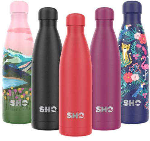 SHO Stainless Steel Water Bottle - Leakproof, BPA Free, No Sweat, Vacuum Insulated Double Walled Metal Flask - Original 2.0-12 Hours Hot 24 Hours Cold (Volcanic Red 2.0 - Powder Coated, 500ml)