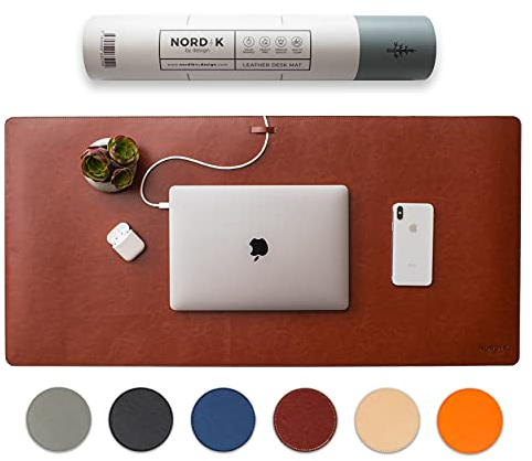 Nordik Schreibtischunterlage aus Leder, Kabel-Organizer (Sattelbraun 89,9 x 43,2 cm) Premium-Mauspad für Heimbüro-Zubehör – Filz vegan, groß Leder Schutz & Schreibunterlage Pads Dekor