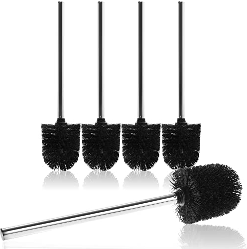 com-four® - Cepillo de Inodoro con Cabezal de Cepillo reemplazable, Cepillo de Inodoro Noble con Mango de Acero Inoxidable, diámetro 8 cm (05 Piezas, Cepillo de Repuesto), Color Negro