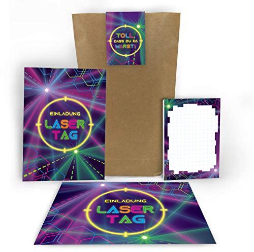 Junaversum 12 Einladungskarten zum Geburtstag Kindergeburtstag Lasertag Party Mädchen Jungen Erwachsene/Laser Tag incl. 12 Umschläge, 12 Tüten, 12 Aufkleber, 12 Blöcke