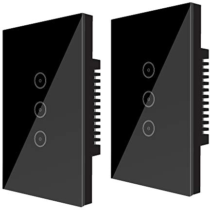 UseeLink Interruttore Della Luce Intelligente WiFi, con Touch Screen in Vetro Temperato, 3 Gang, Funziona con Alexa/Google Home, Telecomando, Timer, Conduttore Neutro Richiesto, Nero (2 PCS) Y