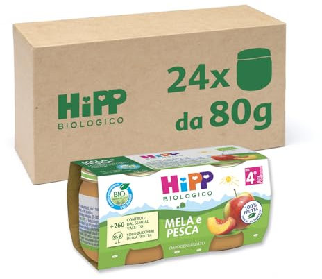 HiPP - Omogeneizzato di Frutta Biologico per Neonati, Gusto Mela e Pesca, 100% Frutta, 24 Vasetti da 80 g