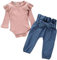 Juflam Neonato Baby Girl Outfits Vestiti Set Ruffle Manica Lunga Romper + Bow Denim Pants(80)
