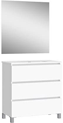 Baikal, Conjunto de baño Natura. Mueble de Baño de Fondo Reducido, con Lavabo cerámico. Distribución Tres Cajones. Mueble MONTADO. Tres Cajones con Espejo. Fondo 36cm 80 cm Blanco
